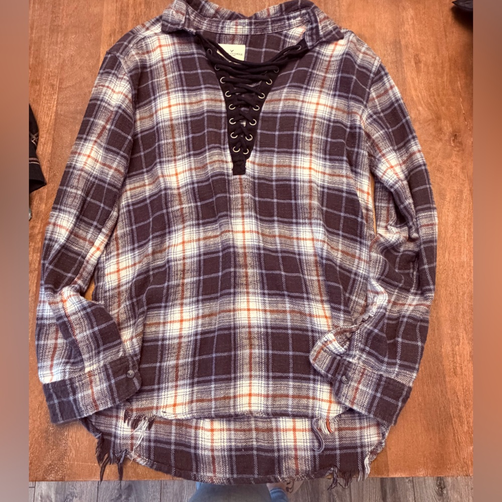American Eagle Outfitters Purple Plaid Lace-Up Shirt